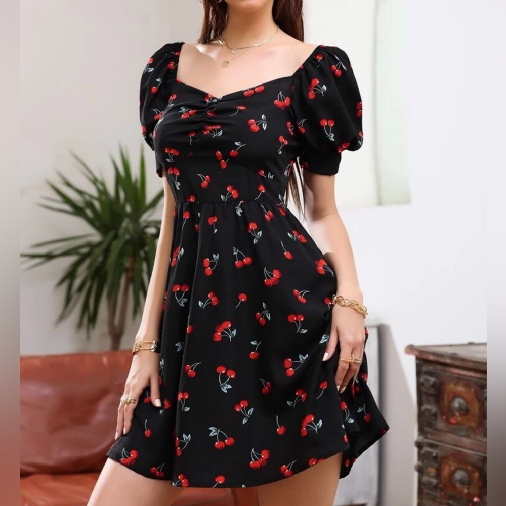 SHEIN Moosta Allover Cherry Sweetheart Neck Dress